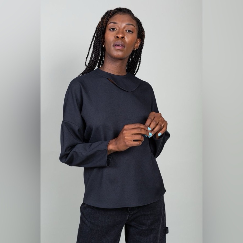 Tibi Chalky Drape Slit Neck Top Black Long Sleeve